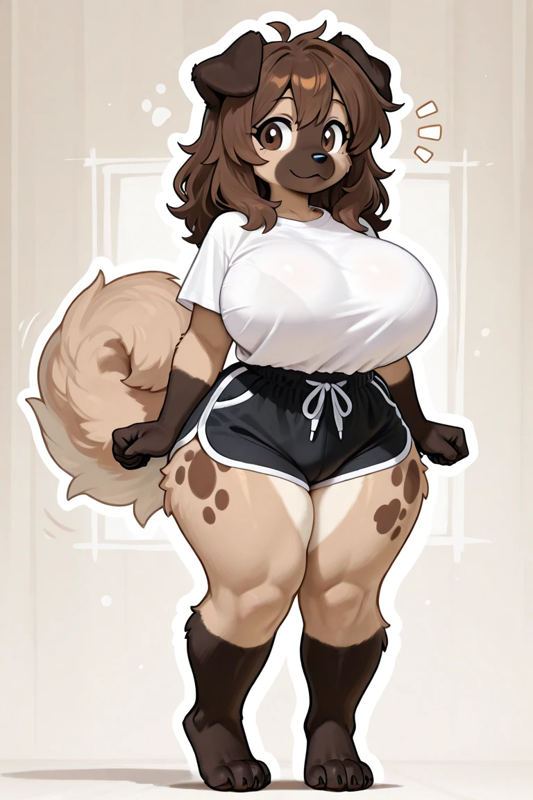 Furry Bear female , wearing Clothing , big wide hips, shorts , Brown fur body