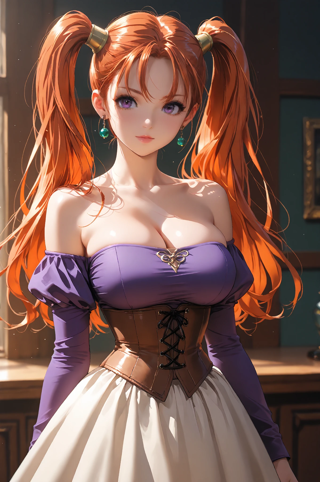 realistic, 1 20 year old girl, sensual body, long hair, peach hair, loose wavy hair, blue eyes, bright eyes, sensual body, blouse with stylish neckline, puff sleeves, neckline, red skirt, choker, soft makeup, shy, blush, night, stars, sitting, on the stairs, sitting, looking at viewer, in love