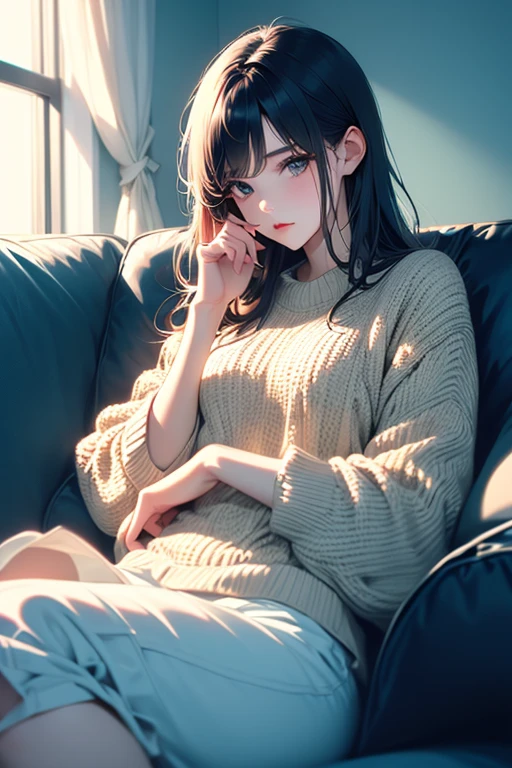araffe woman sitting on a couch with her hand on her head, casual pose, satisfied pose, sitting on the sofa, relaxed pose, sitting on a sofa, sitting in her room, sitting in a lounge, on a couch, sitting on couch, hand on her chin, siting in a chair, long brown hair, wearing long oversized one piece, oversized long t-shirt, sage green t-shirt, beautiful medium breast, (perfect anatomy), perfect hand,