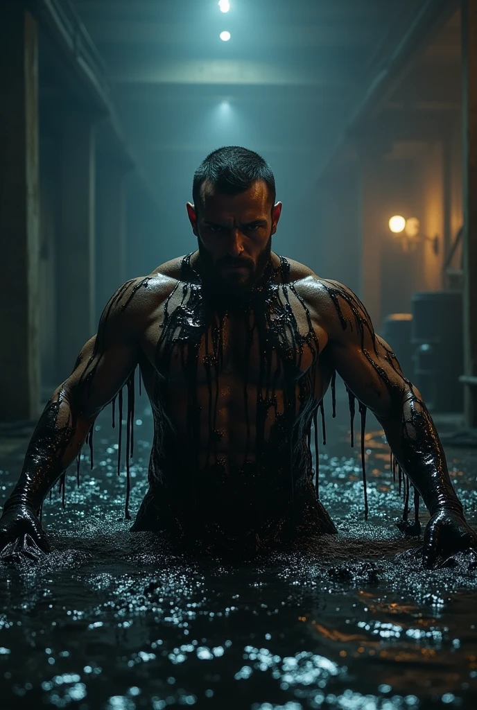 A muscular teenage boy in silk pants, wrapped in heavy chains, screams while sinking underwater
