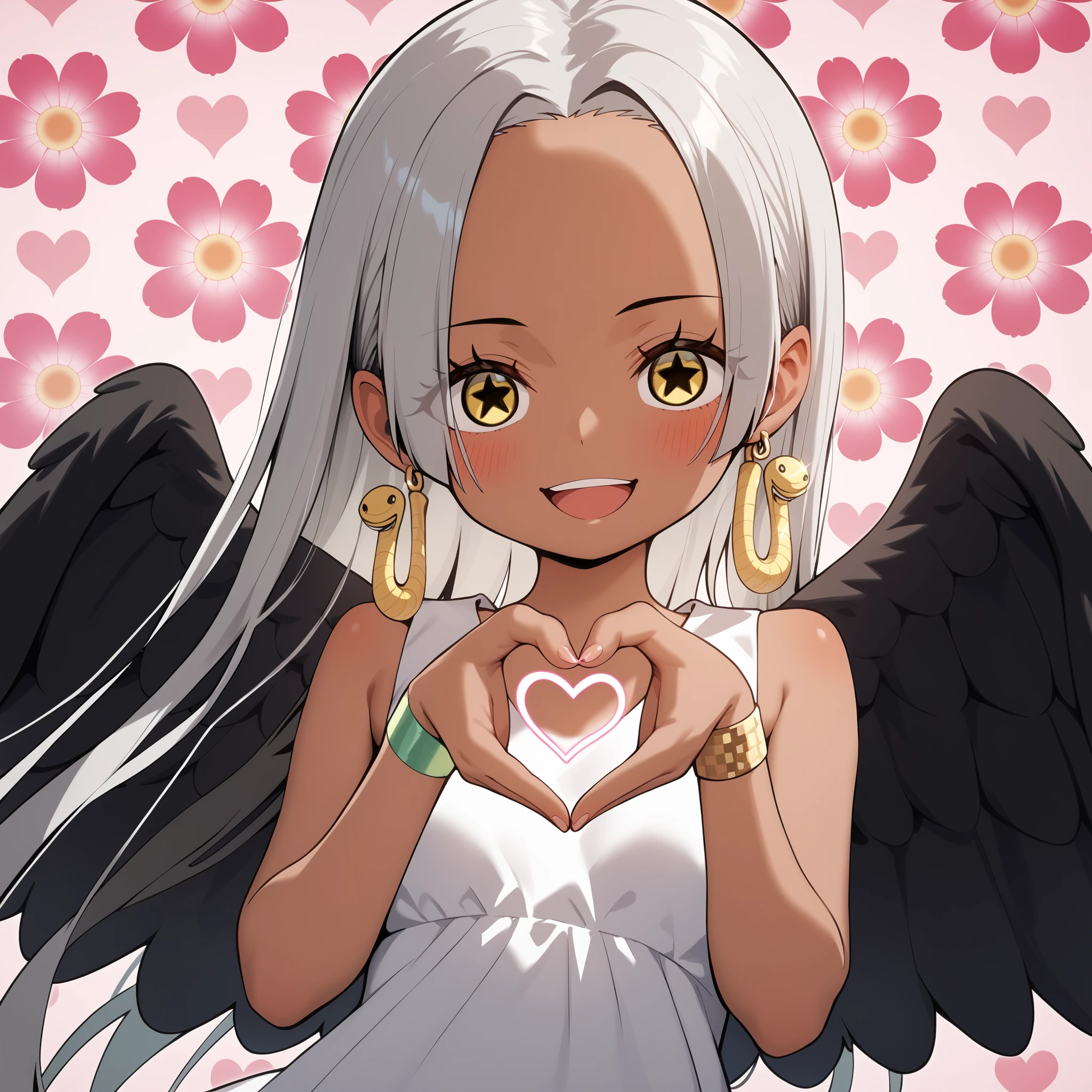 score_9, score_8_up, score_7_up, score_6_up, score_5_up, score_4_up, Source_anime, earsnake, long hair, gray hair, Dark skin, earrings in the picture, yellow eyes, symbol-shaped pupils, black wings, small breasts. sundress, white dress, sleeveless, bracelet , upper body, , blush, heart hand, smile, open mouth, flower background,