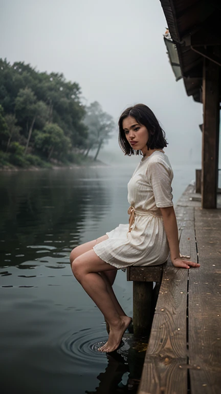 A girl in the rain sitting high on a mountain