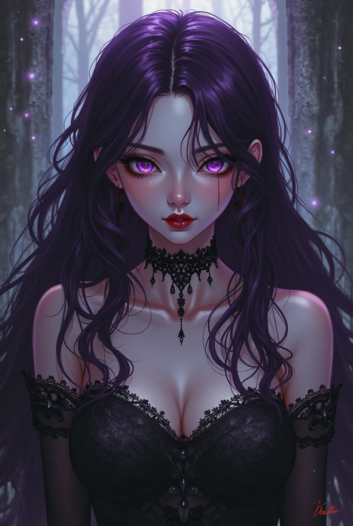 Indications to generate an image of a "Vamp woman": 1. Dark and mysterious colors: - Use a color palette predominantly in dark tones, such as black, dark gray and deep shades of red and purple. - Add some details in bold colors, such as blood red, to highlight specific elements. 2. Pale Smooth Skin Texture
