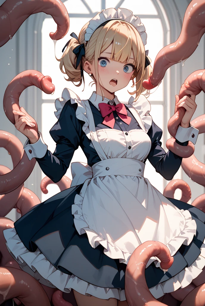 1girl, cute, innocent, sweet, shy, maid, maid outfit with frills, absurdres, high res, ultrasharp, 8K, masterpiece, (cell vore), (tail vore:1.3)