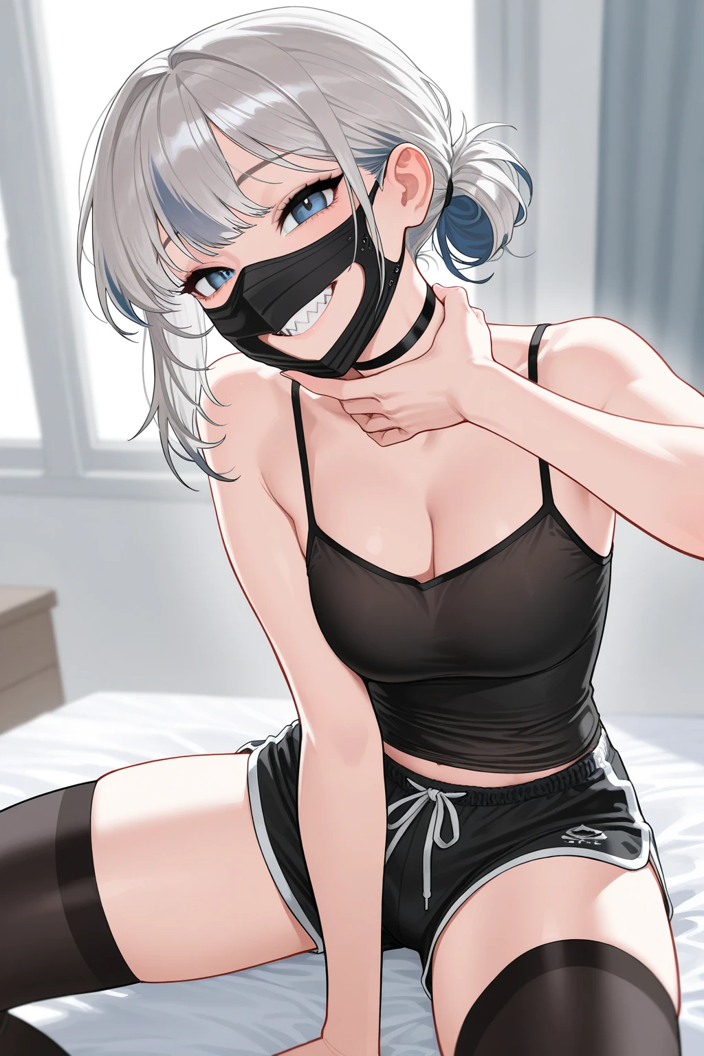 score_9, score_7_up, source_anime, correct hands, correct fingers, correct amounts of fingers, perfect face, expressive face, detailed background, 1girl, sexy female, tall female, breasts, evening dress, spaghetti strap, bare shoulders, collarbone, cleavage, sleeveless, (groin outline:1.2), chcl3, 1boy, grabbing from behind, (hand over another's mouth, cover another's mouth with cloth, breast grab with one hand:1.3), (arms up above head, armpits:1.2), embarrassed, blush, nose blush, by dishwasher1910