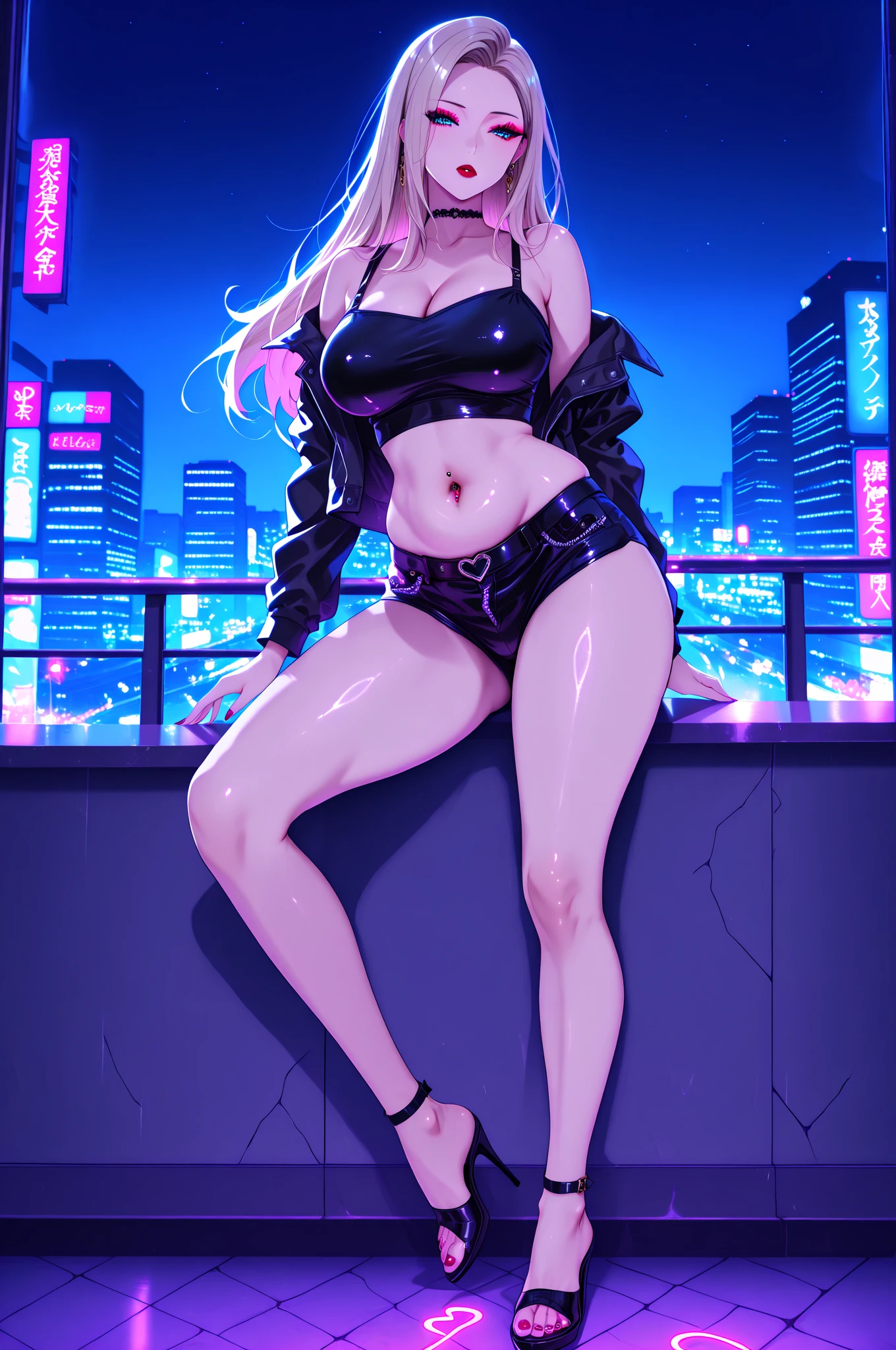 Cyberpunk City, Street, Night, neon light, neon sign, masterpiece, best quality, highres, JK,huge tit,2girls,1boy,a male ???'s back, black bow,black bowtie,blonde hair,bow,bowtie,breasts,hair bun,holding hands,interlocked fingers,long hair,looking at viewer,multiple girls,pink hair,pleated skirt,shirt tucked in,short hair,skirt,smile,tented shirt