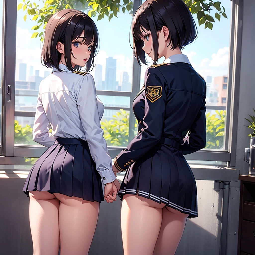 (2 girls, 15 years old, same height :1.2) ,Rear view, couple focus , japanese girl , (smile:0.7), stand next to each other , Upper body, please reconsider, (Never wear a skirt), ((sailor suit, long sleeve)), realistic butt crack, にやにやのsmile, very short hair , (high color saturation:1.0), (highly detailed skin), (highest quality:1.0), (ultra high resolution:1.0) ,(realistic:1.0), (Super detailed:1.0), (8K, Raw photo:1.1), (((Real and beautiful butt, small ass, I can see your butt))), (((No panties)))