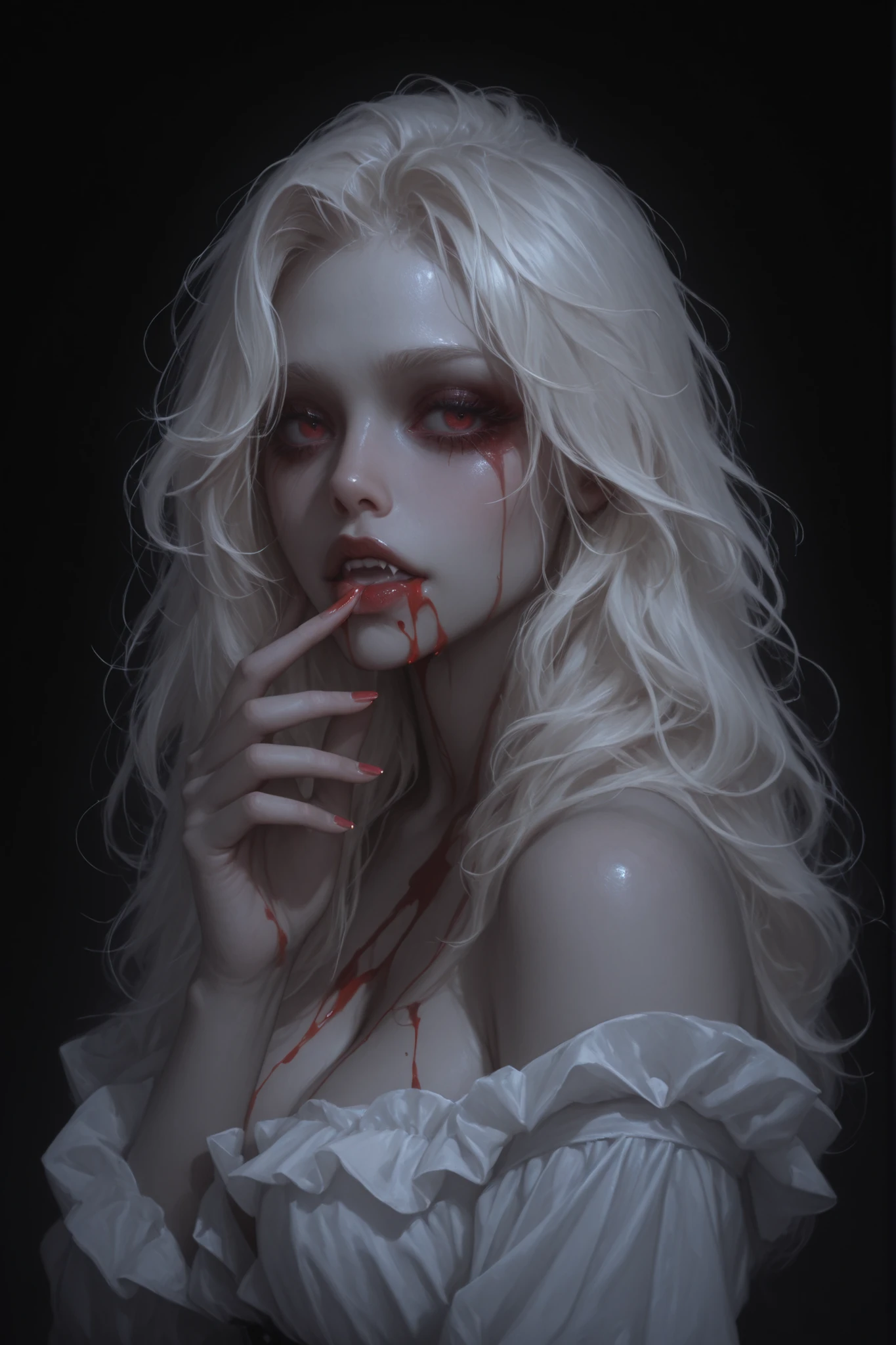 a woman with white hair and blood on her face, by Lise Deharme, pale woman covered with blood, inspired by Lise Deharme, guro art, by Charlie Bowater, blind, by Ross Tran, bloody tears, by Gottfried Helnwein, by Bastien L. Deharme, blind eyes, cgsociety 9