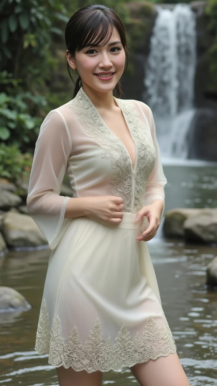 masterpiece, Indonesian woman ,ultra realistic,32k,intricate details, sharp focus, realistic, closed, seductive pose, black eyes, jewelr, lips, realistic, looking_at_viewer, wet skin, shiny skin, SHORT SLEVES, indonesian clothes, bali, balinese, cityscape, transparent dynamic pose,((white kebaya)),(((transparent kebaya))),full body,small breast, flat chest, ((small breasts:1.7)),curvy body,long hair,beauty face,cowboy shot,very small breast, tiny breast
