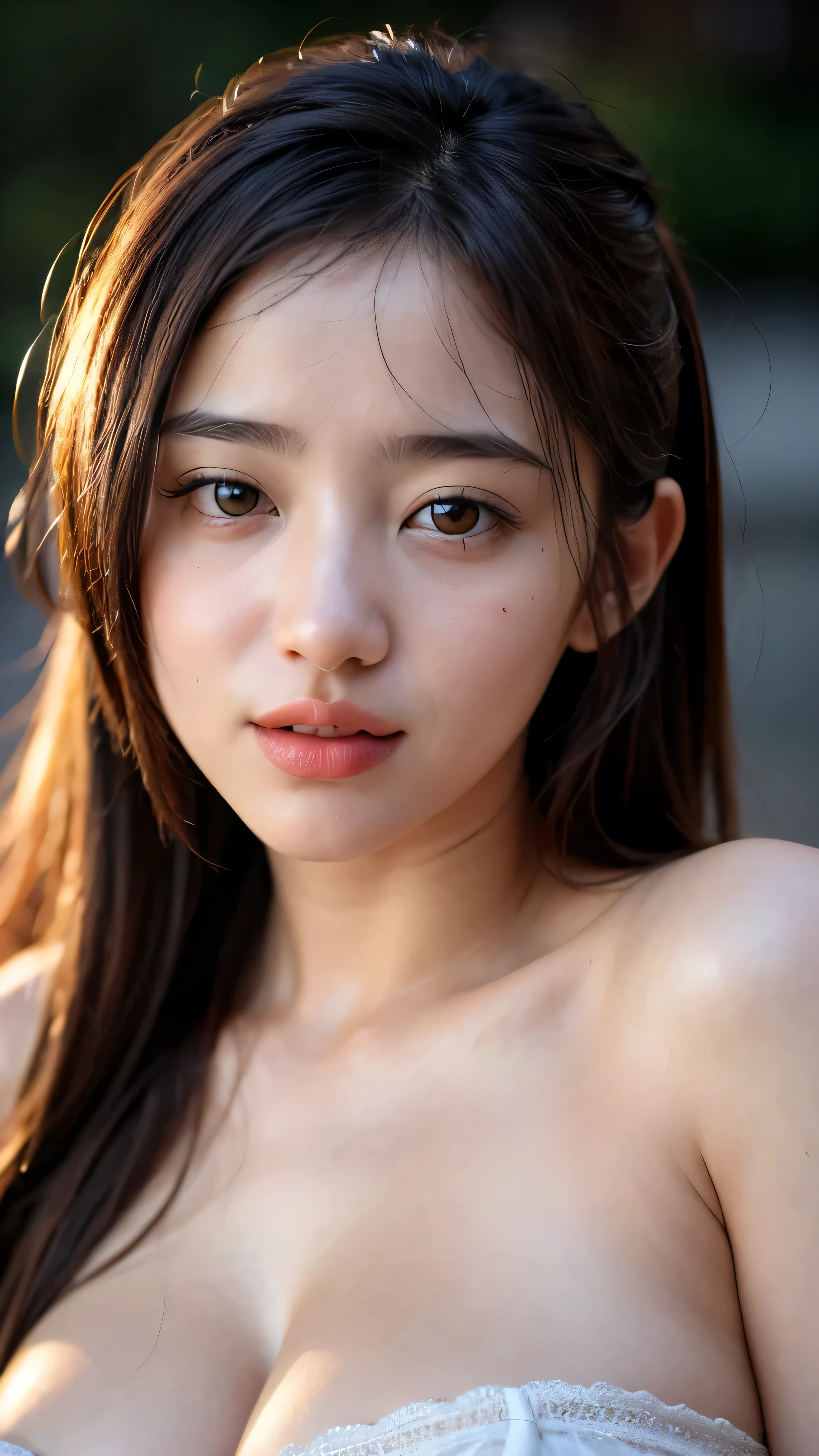 ((Best Quality)), ((masutepiece)), (Detailed), Perfect face、a 19 years old girl、Bare nipples、Cute、White camisole in left hand、