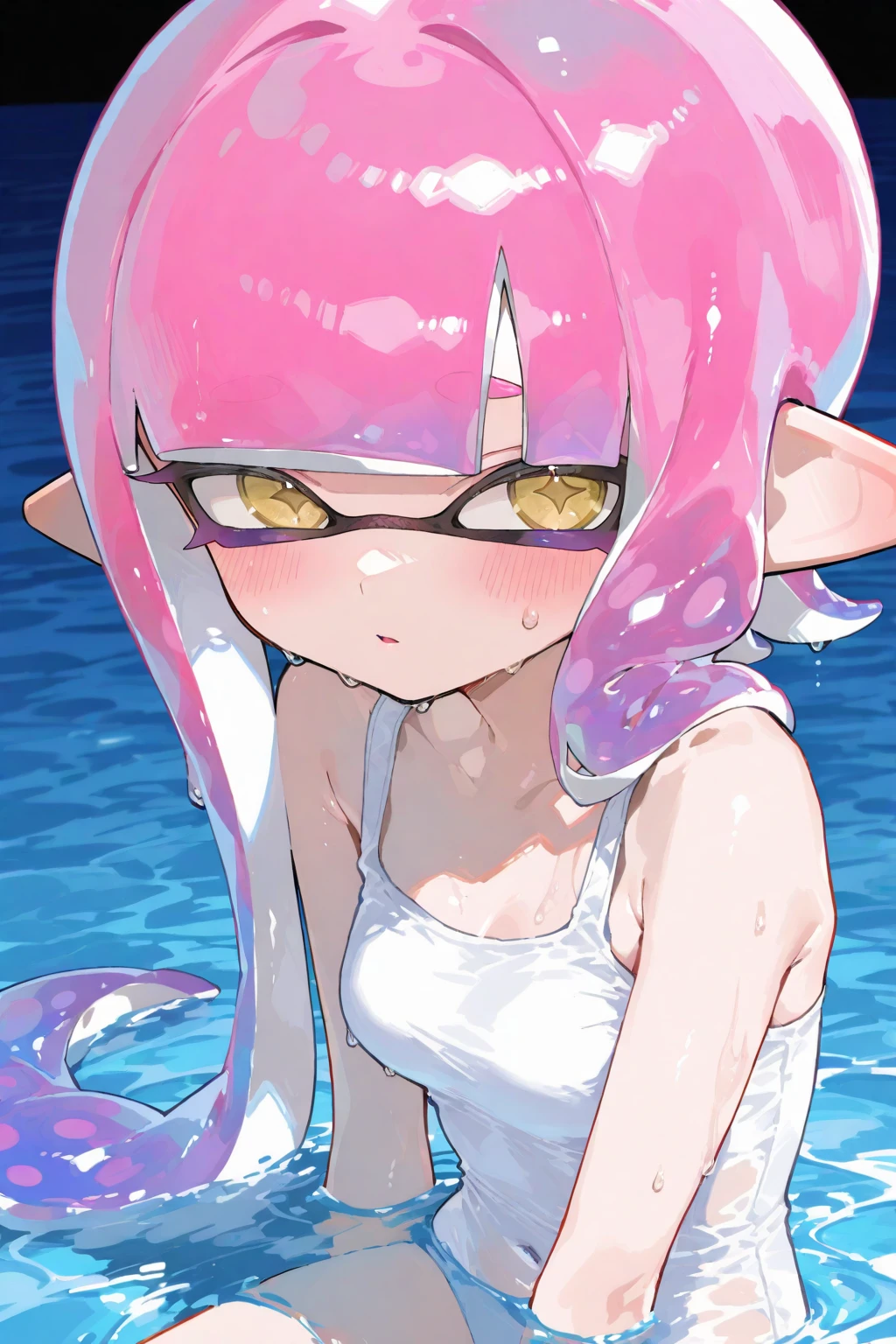 Splatoon Girl、Pink tentacle hair,,impossible clothes,close,1 girl,huge breasts,masterpiece,highest quality,Super detailed, perfect lighting,reflection, crawl on all fours、From the side、beach、big and cute eyes、beautiful eyes、view audience、blush、cheek、Lipstick、