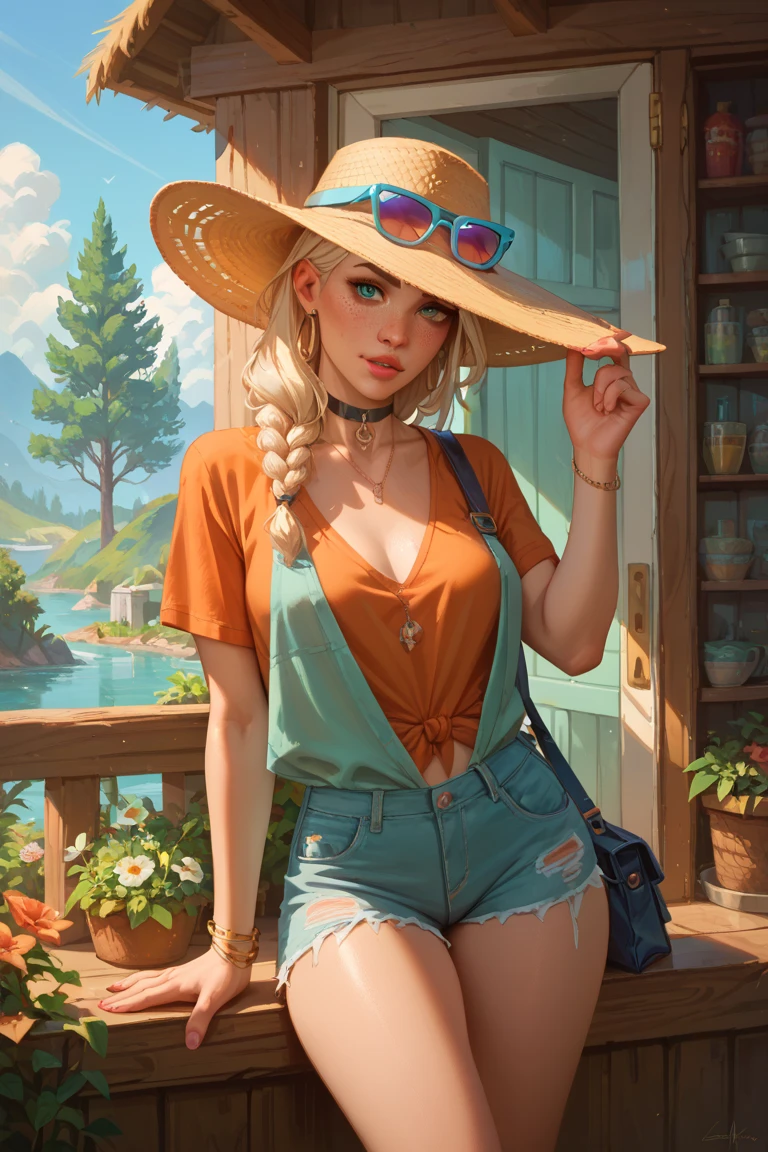 (masterpiece, top quality, best quality, official art, detailed:1.2), <lora:priscilla-20:0.7>, priscillaW3, sitting, cafe, tropical, holding, cocktail, looking away, sunglasses, (jeans:1.3), beach, seascape, cowboy shot, from side