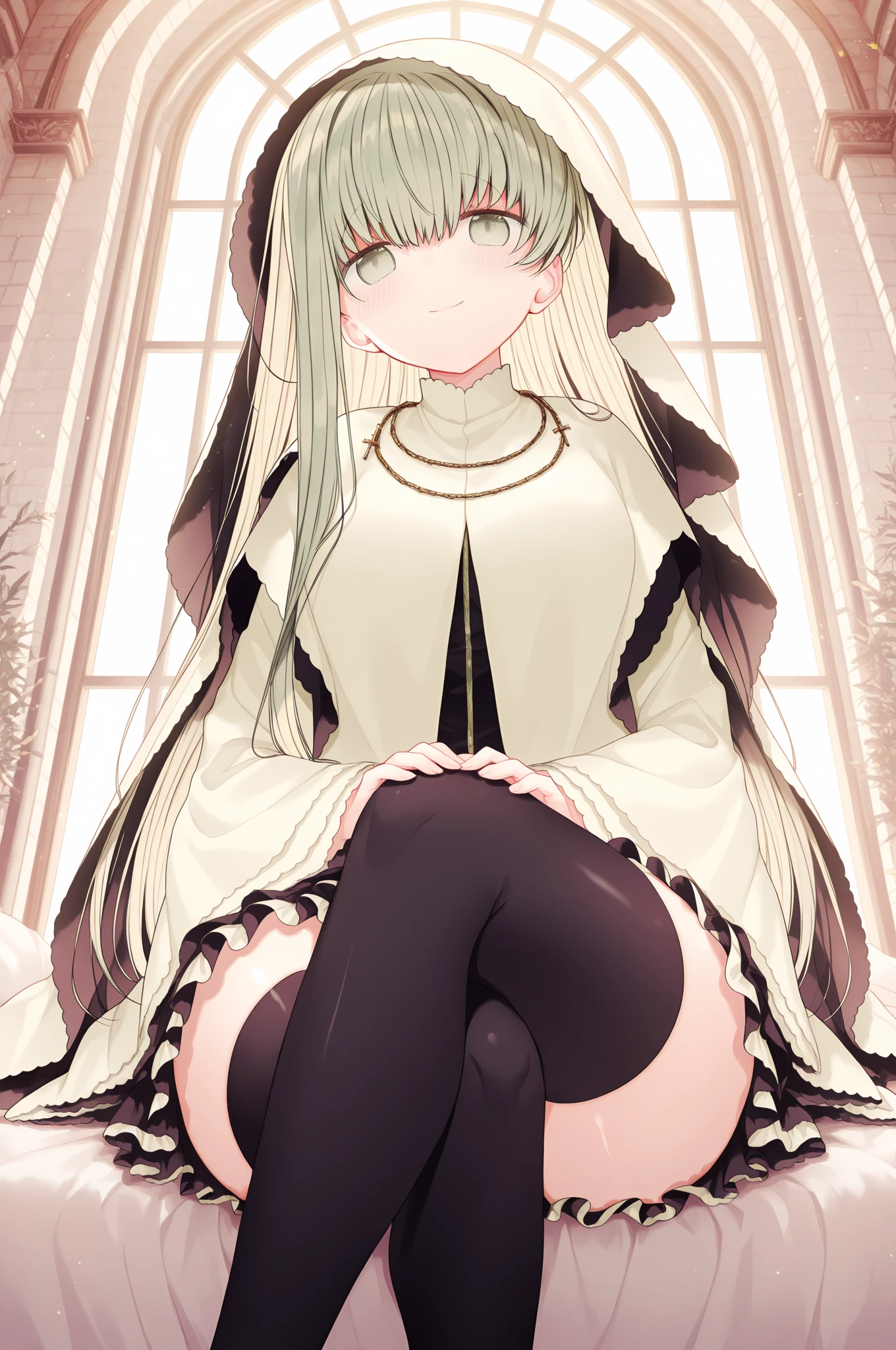 1girl, sitting at table, white hair, ((black dress)), ((hourglass figure)), (from below), grass, white table, under umbrella, ((crying)), ((tears)), ((naked pussy)), (pussy)