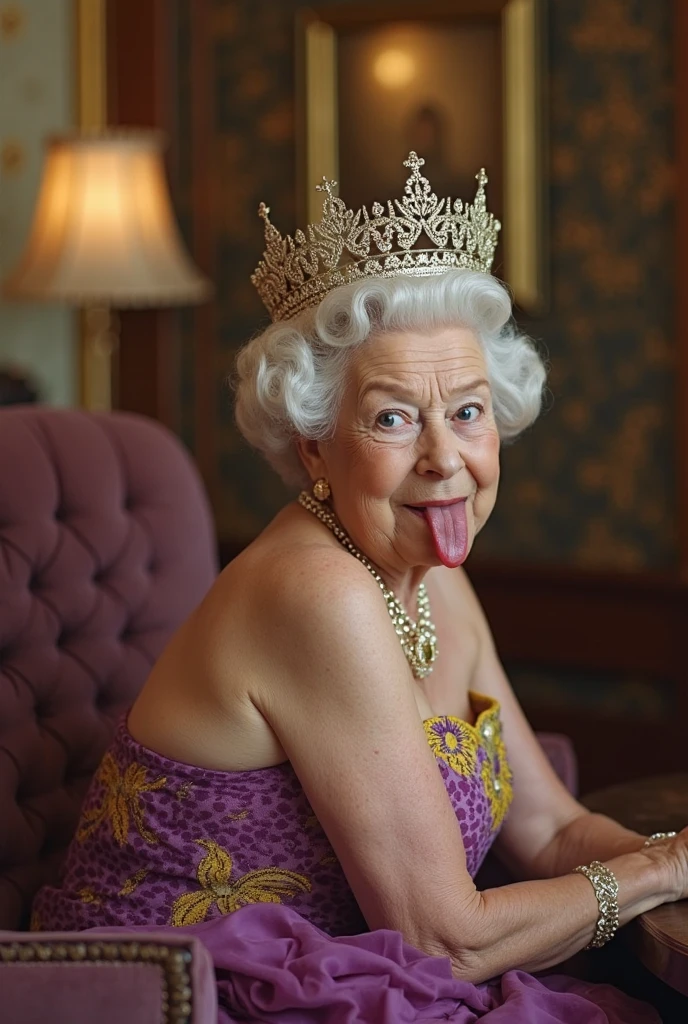 ((head grab)), (((look at viewer))), (penis cum:1.5), (deepthroat), queen elizabeth 90yo sucking penis, cleavage, (gigantic saggy breast:1.3), (in elegant color-coordinated chiffon summer outfits:1.3), (hat and pearls)