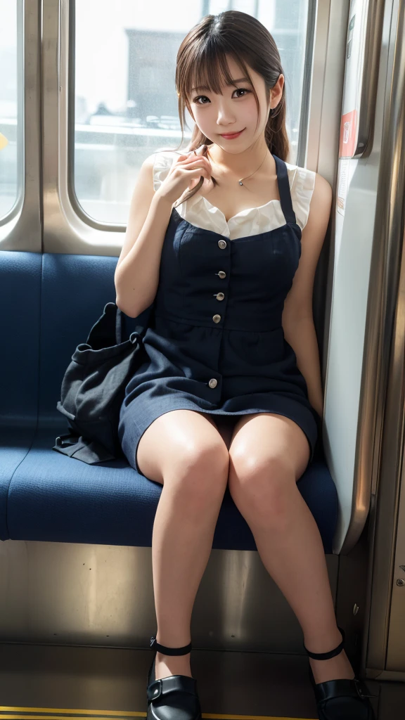 smile,one japanese woman,(masterpiece, Highest quality, 8K, RAW Photos, beautifully、aesthetic:1.2), Intricate details, indirect lighting, Realistic,
whole body, Sitting on a chair on the train、Staring at the viewers、Voyeur、
Square neck button-down linen sundress,
Training women , Chair to sit under skirt,