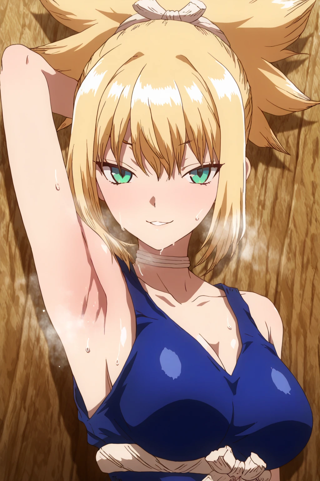 KROLL, black cape, yellow hair, collar, fur collar, fur, white fur, (yellow bikini, dotted bikini:1.1), cat ears, green eyes, 1girl, solo, smile, teeth, dungeon, dungeon cell, arm up, armpit, looking at viewer, eye contact with viewer, upper body,