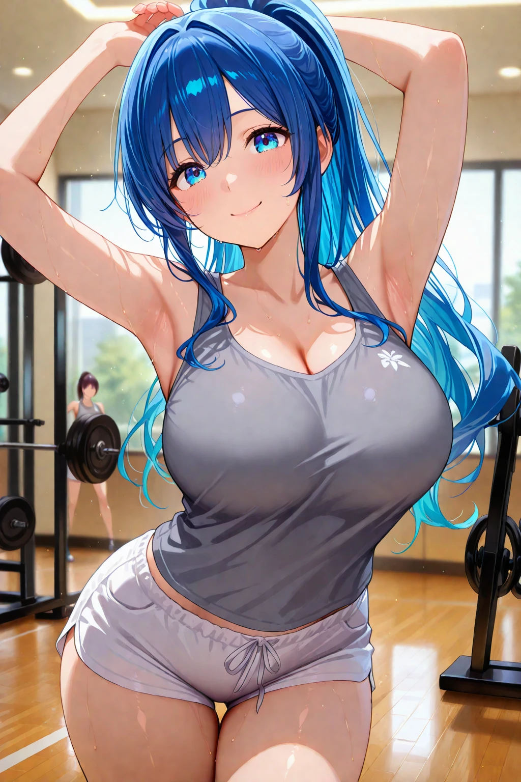 (Masterpiece, BestQuality:1.3), (ultra detailed:1.2), (hyperrealistic:1.3), (RAW photo:1.2), High detail RAW color photo, professional photograph, (Photorealistic:1.4), (realistic:1.4), professional lighting, perfect anatomy, (Big Breasts:1.2), (blush, detailed face), (cheerful Smile:1.5), (Blue Hair:1.5), Trending Hair&Trending Hairカラーをランダムに, earrings, necklace, bracelet, sexly, erotic sexly, Random sexy gravure poses, (Sexy beauty wearing sports bra and leggings at the gym、Posing with dumbbells、Toned body and ponytail: 1.3)