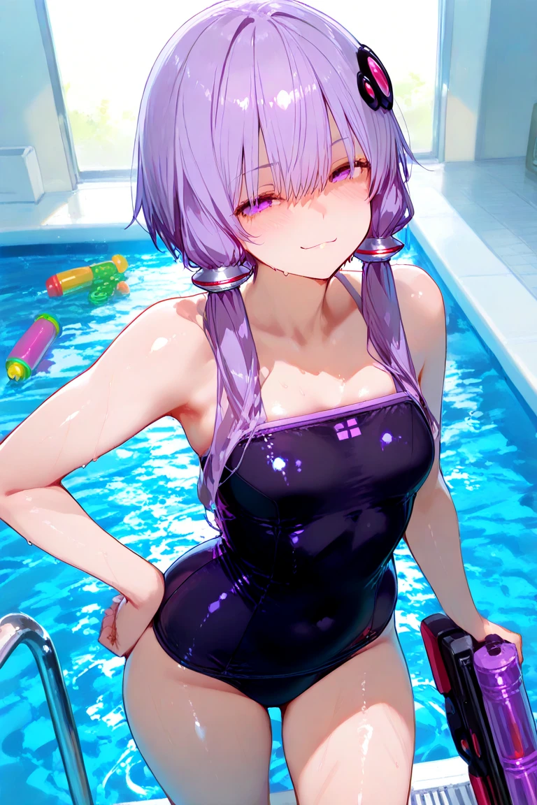 1girl, smile, mouth open, medium breasts, long and messy hair, messy bangs, purple hair, purple eyes, nude, inside a pool of purple goo, covered in purple goo, industrial waste, industrial zone, toxic zone, masterpiece quality, ultra HD, 4K, best quality,