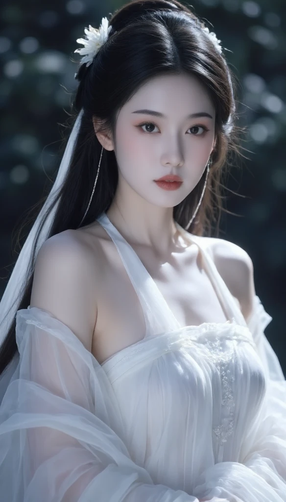 masterpiece, best quality, High resolution, 4k, Official Art,,An adult female,girl, full_breast, Plain tulle Hanfu,Amorous,Ink background,Ink splashes,The headdress is complex