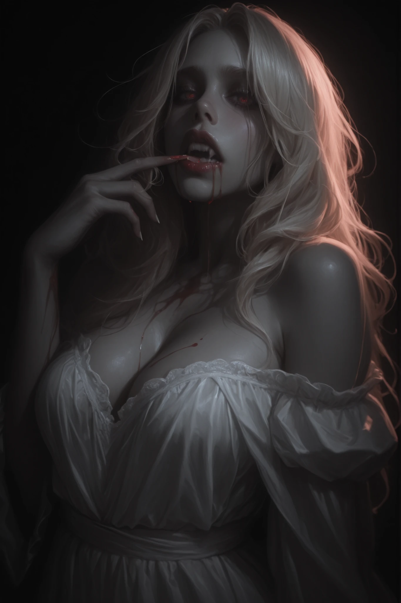 Blonde vampire with blood in her mouth corners, naked with big breasts. With night background
