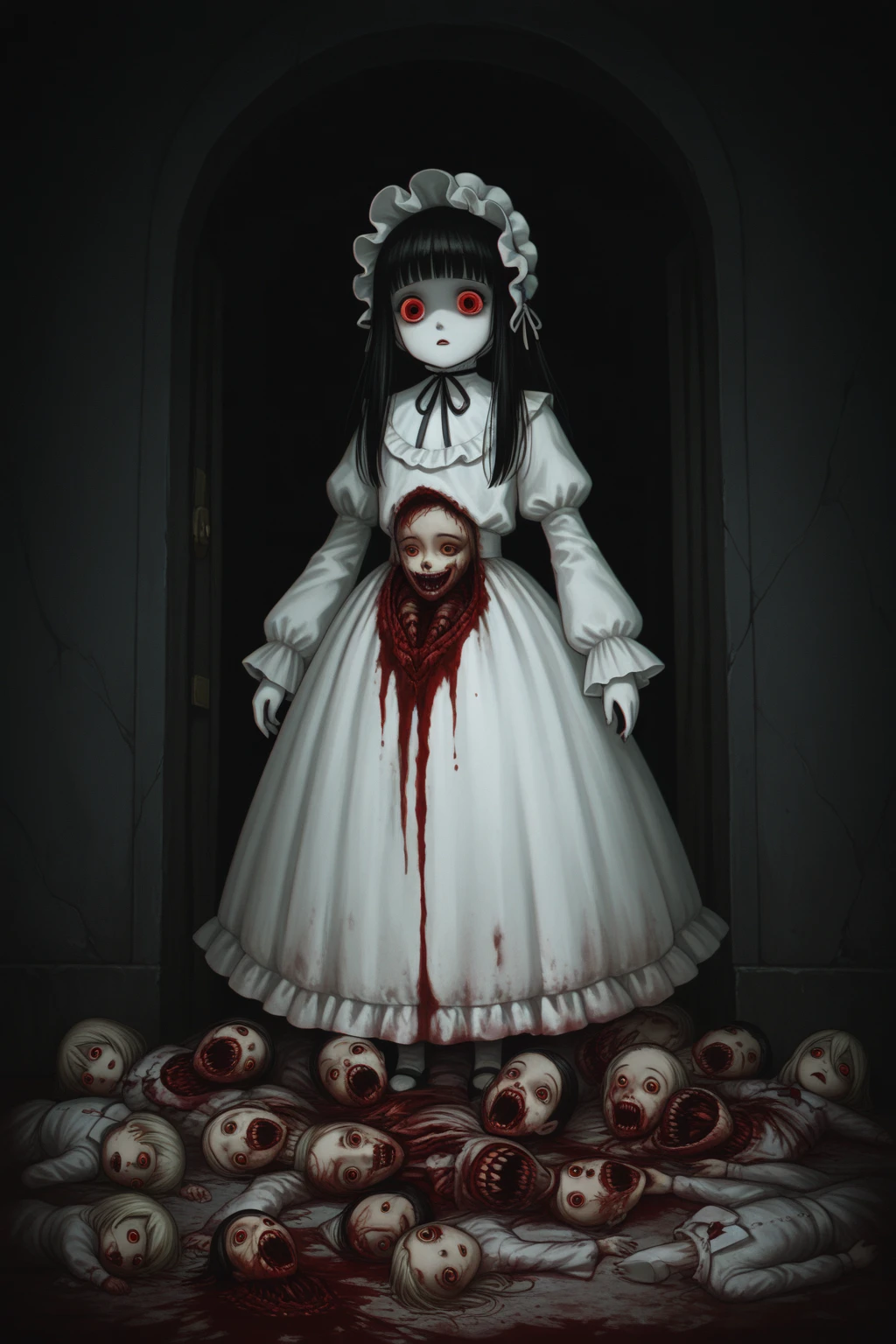score_9, source_anime, anime_coloring, anime_screencap, zombie, undead, pale skin, 1girl, long hair, glowing red eyes, white petticoat, dirty clothes, open mouth, bloody mouth, small breasts, skindentation, zombie pose, five fingers, nice hands, perfect hands, perfect anatomy, masterpiece, amazing quality, best quality, detailed, (very young child:1.3), (tiny, petite:1.3), (indoors, hallway, moonlight)