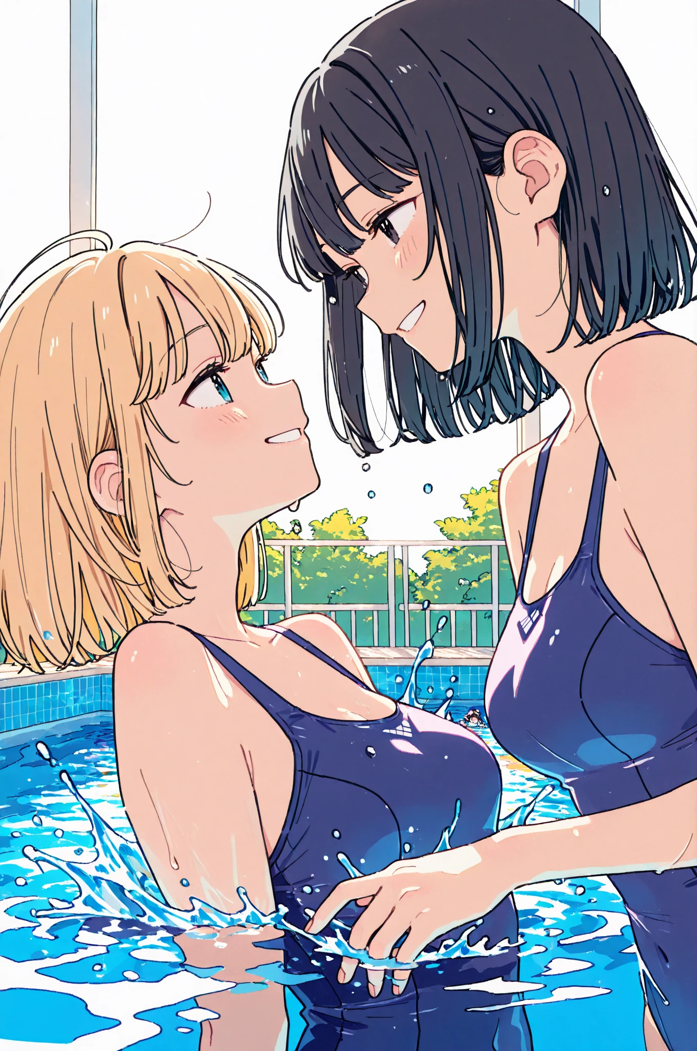 source_anime ((1boy and 2girl)) , grosuperior sex, Anal Sex ,Blowjob, Handjob, A beautiful boy with long hair is being gang-raped by two futanari girls, (boy, Medium Hair), (girl, futanari, Mid-chest), the futanari girl's penis is inserted into the boy's anus, the futanari girl's penis is inserted into the boy's mouth, School Swimsuit, School swimming pool