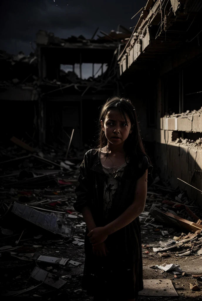 (RAW style, masterpiece, best quality, ultra-detailed), young girl, age 13, amongst war devastation, ruined buildings, profound sadness, large eyes filled with tears, long brown hair, natural beauty contrast, tragic scene, innocent carrying burdens, resilience, inner strength, statement:
The image captures the poignant facial expression of a thirteen-year-old girl, standing amidst the chaotic wreckage of war. The destruction of buildings around her reflects the brutal conflicts that have ravaged the region. Her large, expressive eyes, teeming with hope as she looks at the viewer 🔜