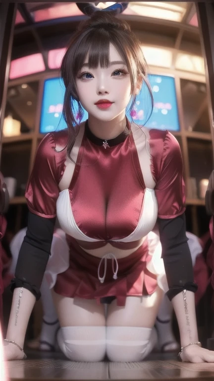 simple background (in women's police uniform and police cap: 1.4), good hand, 4k, high resolution, masterpiece, best quality, head: 1.3, ((Hasselblad photo)), finely detailed skin, clear focus, (cinematic lighting), soft lighting, dynamic angle, [:(detailed face: 1.2):0.2], belly gaze, huge breasts, breasts, (((inside the mansion))),(bare tits:1.4), 1girl, jewelry, earrings, orange_sky, solo, mole, long_hair, mole_under_eye, upper_body, grey_eyes, looking_at_viewer, black hair, fashion (head tilt: 1.4), plain background, red background,