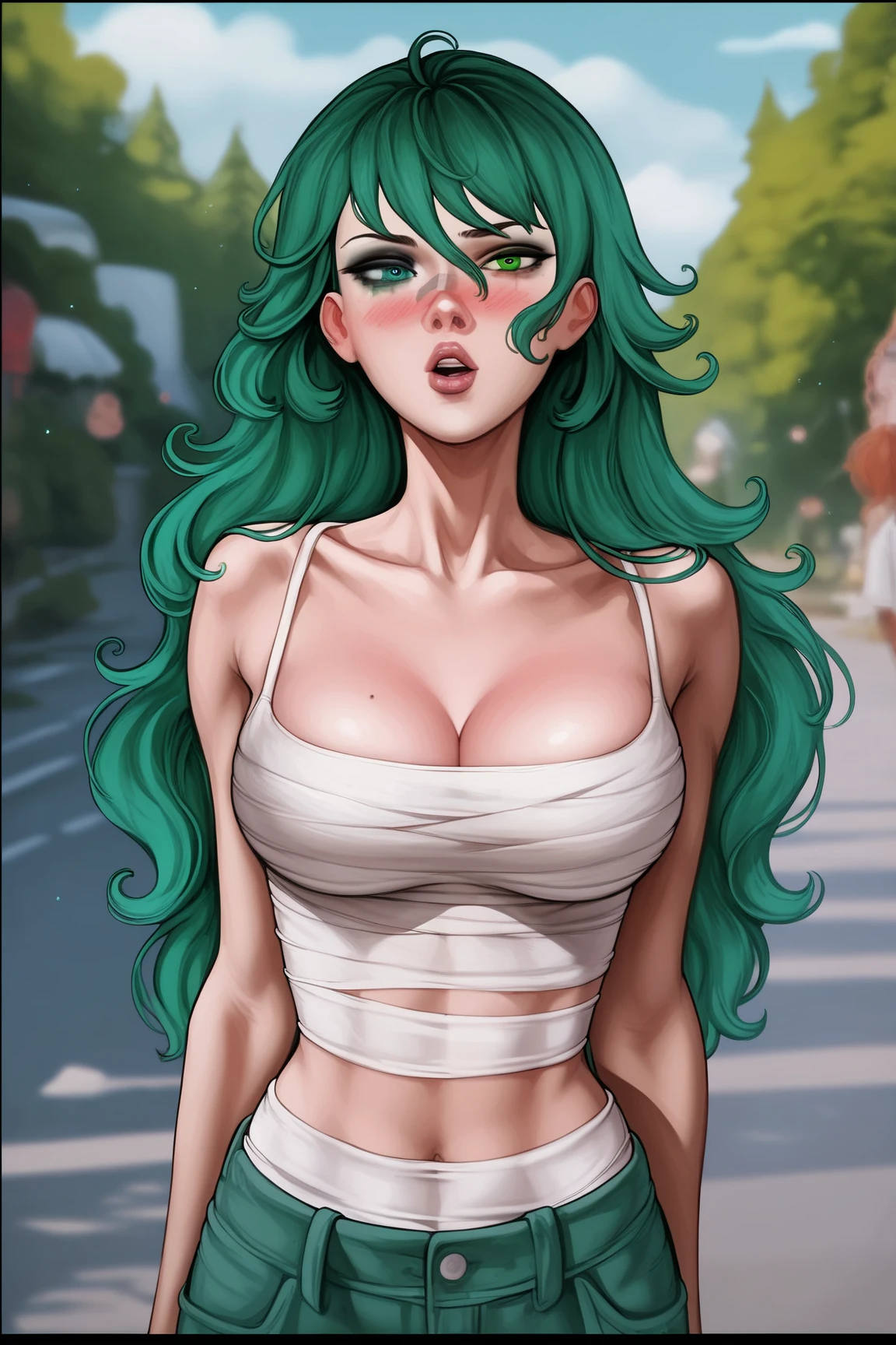 ,(girl1),(woman1),(Solo portrait of a girl:1,5),(slender body),(structured),(hot),(mature and sexual body),(big ass), (mature and sexual body ), (slender body), (physical attributes such as large breasts and ass), (anime), (white skin color), (Super gigantic breasts:1.5), (with long green hair), (green eyes ),(an 18 year old woman, with white socks),(wearing),+,(and a sexy dress, dressed in a heroine costume consisting of a white sleeveless jumpsuit with a super short white skirt that is tight and straight at the back front and straight at the back breast size, they are size AA+),(Super short skirt:1.5)