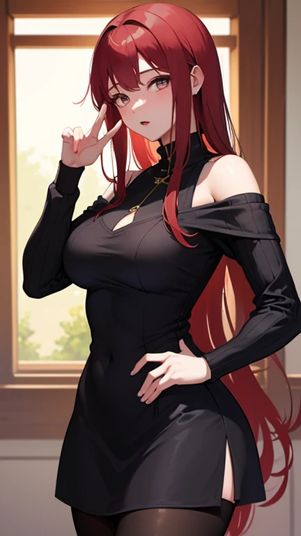 (masterpiece, top quality, best quality, official art, beautiful and aesthetic:1.0), (8k, best quality, masterpiece:1.2), very long hair,(full body:1.3), (large breasts:1.4), very long hair, high heels, black thighhighs, micro skirt, red hair, tall girl, tupolev tu-22 bomber