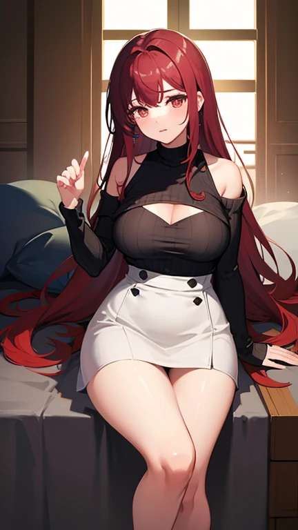 1girl, woman wearing bra, tight midi pencil skirt black, long length pencil skirt, modest skirt, long red hair, looking at viewer, full body, smile, blush, large bust, bedroom