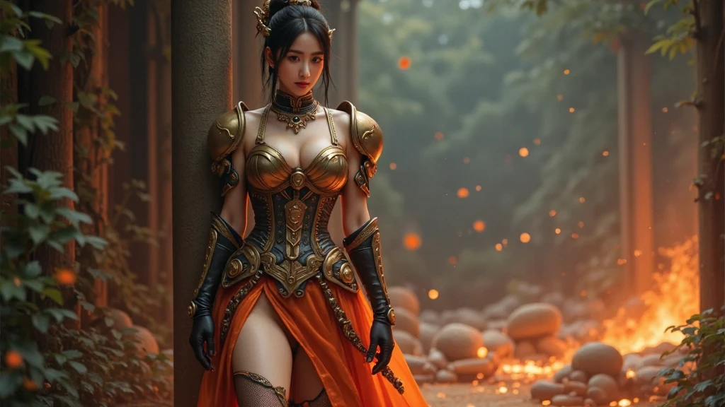 ((full body shot)), (1 girl), (Alone), oh, natural, Beautiful face with symmetry., Gradient eyes, Intense crystal yellow eyes, Intense eye highlighting., Slightly bigger eyes, double eyelids, Lipgloss, busty, neckline, big breasts, sexy smile, sexy miniature armor, neckline, Fox tail, Multiple queues, IncrsAhri, braid, ((Masterpiece, Best Quality)), photographic reality, high resolution, 8k, (Super detailed CG: 1.2) , (8k: 1.2) , realist, Octane representation, very detailed illustrations, Different image, (Magic forest landscape)