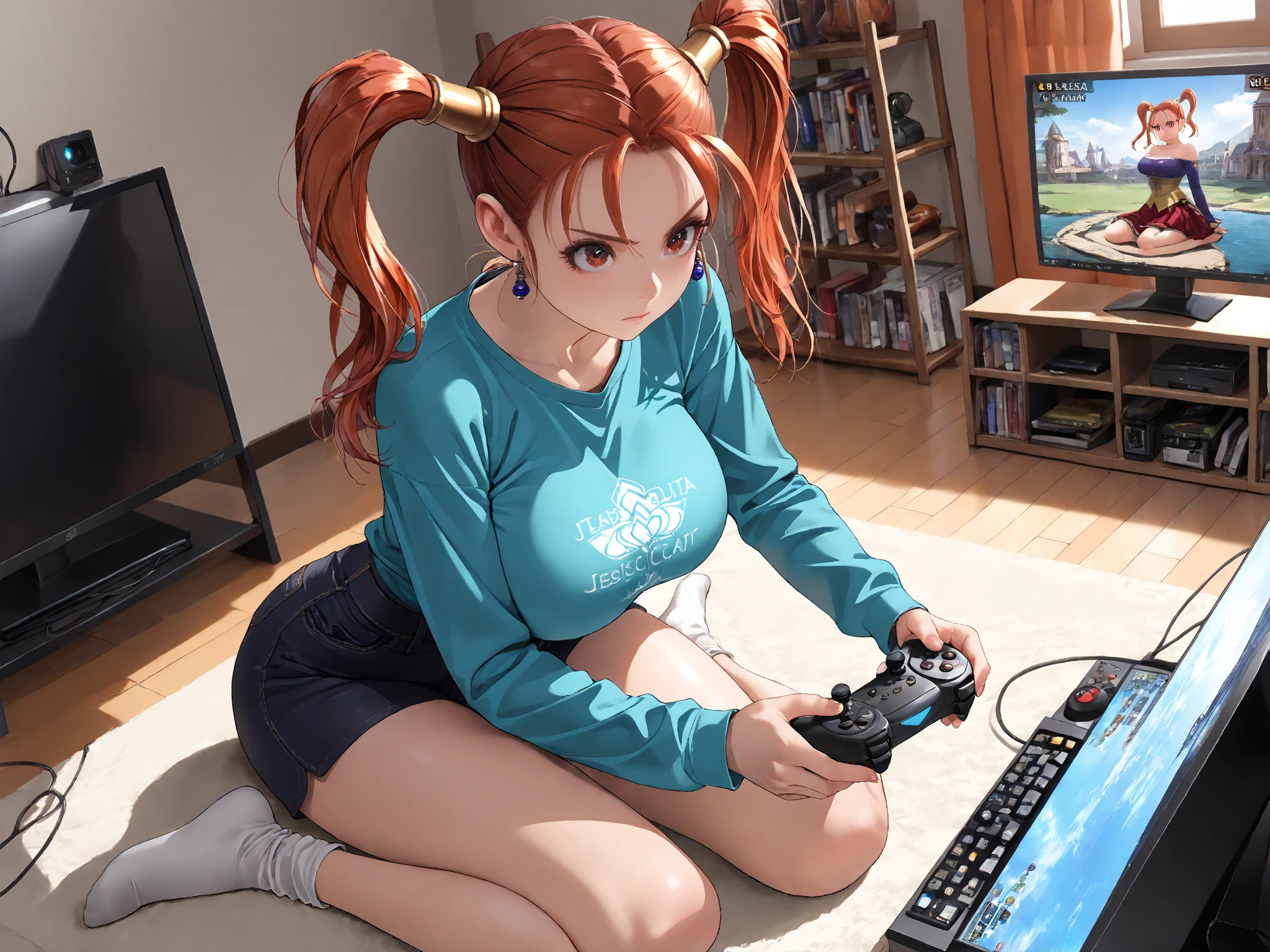 masterpiece, best quality, meggy, headphones, goggles on head, white shirt, layered sleeves, spandex shorts, brown boots, full body, smile, sitting in living room with video game controller, huge breasts, sexy,