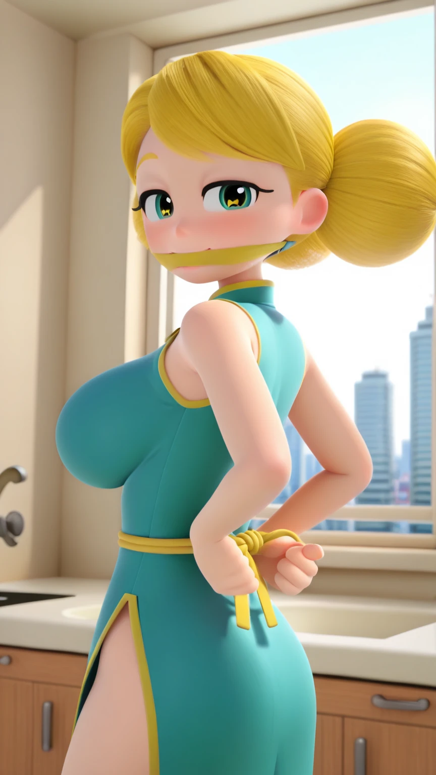 a pixar girl with  blond hair brown eyebrows and blue eyes, (Best Quality), (Best Quality), breasts out, Bound, Bondage, (arms behind back:1.4), BDSM, tape, TAPE BONDAGE, srestrained, best anatomy, Curled up, Upper body, nude, scared face, crying, blushing face, (men touching her), touching breasts, (((pov hand squeezing breasts))), 