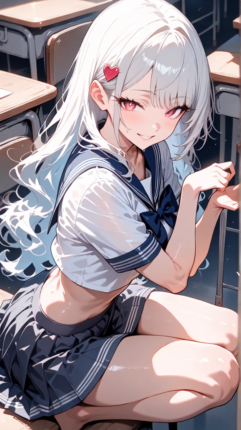 (masterpiece, best quality, highres, absurdres, detailed background, best illumination, bloom, lighting on face, beautiful eyes, shiny hair, perfect face, lustrous skin), 1girl, looking at viewer, upper body, focus on face, wide_angle, wide shot, Fashionable clothing, sing braid, hair over one eye, (hair ornament), earpiece, long hair, ((panties)), white lace, white hair, shiny hair, large_breasts, action_pose, futuristic city,  ((white school uniform)), school bag, white serafuku, white shirt, spread legs, modern_furniture, bedroom,  condom wrapper, white thighhighs, black school shoes, wearing shoes, ikea, from bottom,