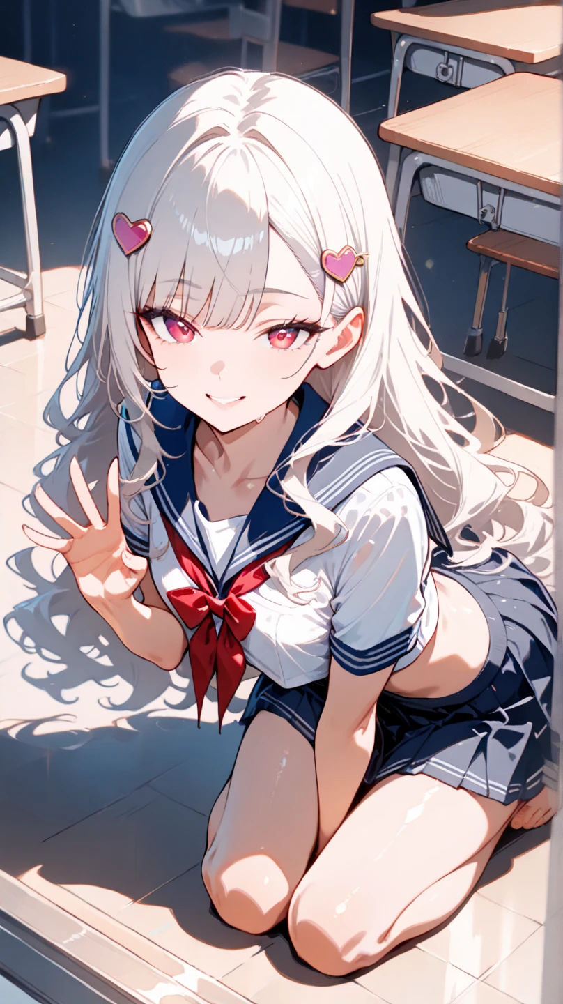 1girl,bishoujo,white hair,ahoge,flipped hair,(big eyes:1.2),beautiful eyes,heart in eye,open mouth,fang,blush,tsundere,stare at,full body,school uniform,sailor suit,bunny costume,white thighhighs
