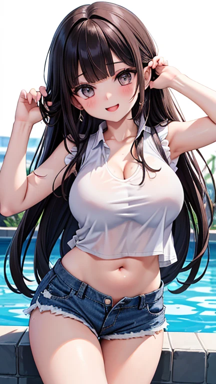 (8K、Highest quality、Highest quality、masterpiece)、Detailed face、One Girl、(Brown Skin:1.2)、Long Hair、Yellow Eyes、Grin、(Black tank top、Denim hot shorts、Mini Shorts、Spread pussy under shorts、frontal wedgie、wedgie、Spread vagina under shorts)、labia view、Beach、cloud、vagina、Spread Vagina、spread pussy、Big Breasts、