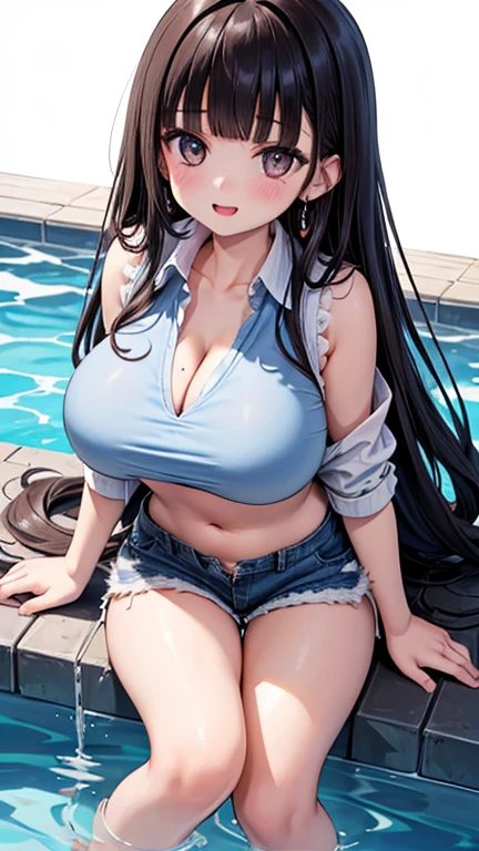 highest quality、(figure:black hair、blue eyes、big breasts、glamorous、girl、smile)、(hairstyle:medium long、shaggy、asymmetry、two side up)、(clothing:Tube top、strapless、Light blue hot pants、Leather bracelet on arm)、(place:spring park)、(angle:dynamic、look up from below、full body portrait)、Pause:(sitting on a wooden bench、Looking provocatively at me)