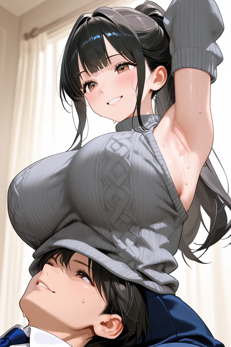 Solo Side view NSFW:1.9 Naked:1.9 (Kissing face, pouting lips) 、BREAK,(Tall woman, black hair, short hair, ponytail:1.9 Swept-to-the-side bangs, beautiful, cute, big breasts, sweat, excitement, blushing),