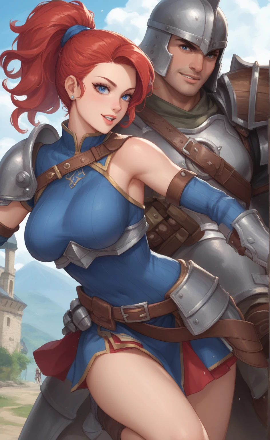 (((best quality)), ((masterpiece)), (detailed), (photorealism:1.2), NFSW realistic photo of an athletic woman, 35 YEARS, full frontal nudity, huge breast, full picture, with red hair in braids, prominent cheekbones, legs apart, thigh high socks, high heel boots, pubis with thick hair on display, hairy fleshy vagina open, urine, no panties, he has a dick, on the battlefield, in partial steel armor, fights with sword, outdoors in medieval battle