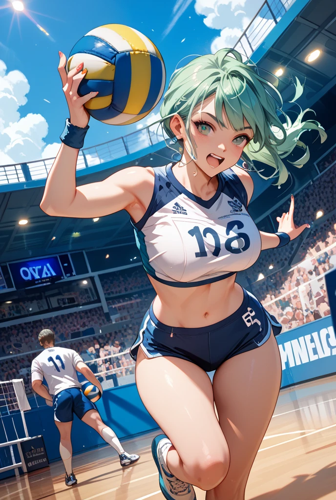 miku hatsune,Jump Serve,Beautiful breasts,gymnasiums,Warping the body,volleyball,The navel is visible