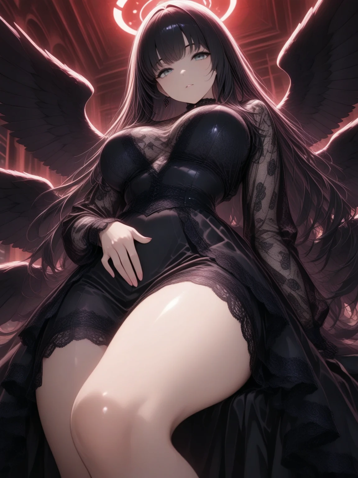 A masterpiece, very detailed, ultra-detailed, one, female goddess, beautiful woman, beautiful woman - pleasant skin, long black hair and a parting on the side, bloody red eyes, with demonic black horns with a shade of purple, Large and long black dragon wings with a purple tint, and a black dress with red clothes, with huge breasts, a lush and soft body, with an aura of mystery around her, and she is on a luxurious and beautiful balcony against the background of a large red moon