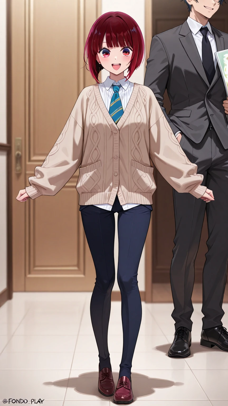 cardigan arima kana , low suit model, happy, full body, fondo playa
