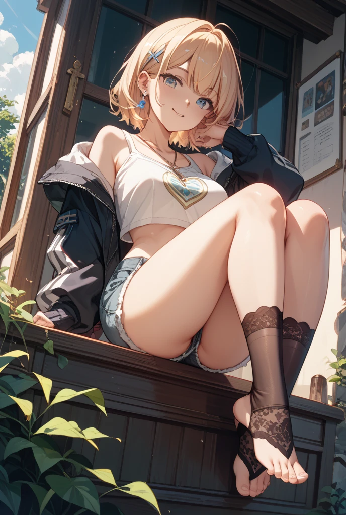 (masterpiece, best quality:1.2), solo, Android 18 from Dragon Ball, ((light gray baggy crop T-shirt, short sleeve, black thin thigh highs, crossed legs, beautiful butt, gray dolphin pants)), small breasts, short blonde hair loose, ((close eyes)), (wearing glasses), earrings on earlobes, slender feminine figure, skinny body, cleavage, light blush, chill, organized, simple, white-based interior, a few plants, cloudy sky, terrace, magnificent view, blur background, 4K, on the cute chair, (pale blue chair), midriff-baring, beautiful armpits, pantyshot, arms up behind,