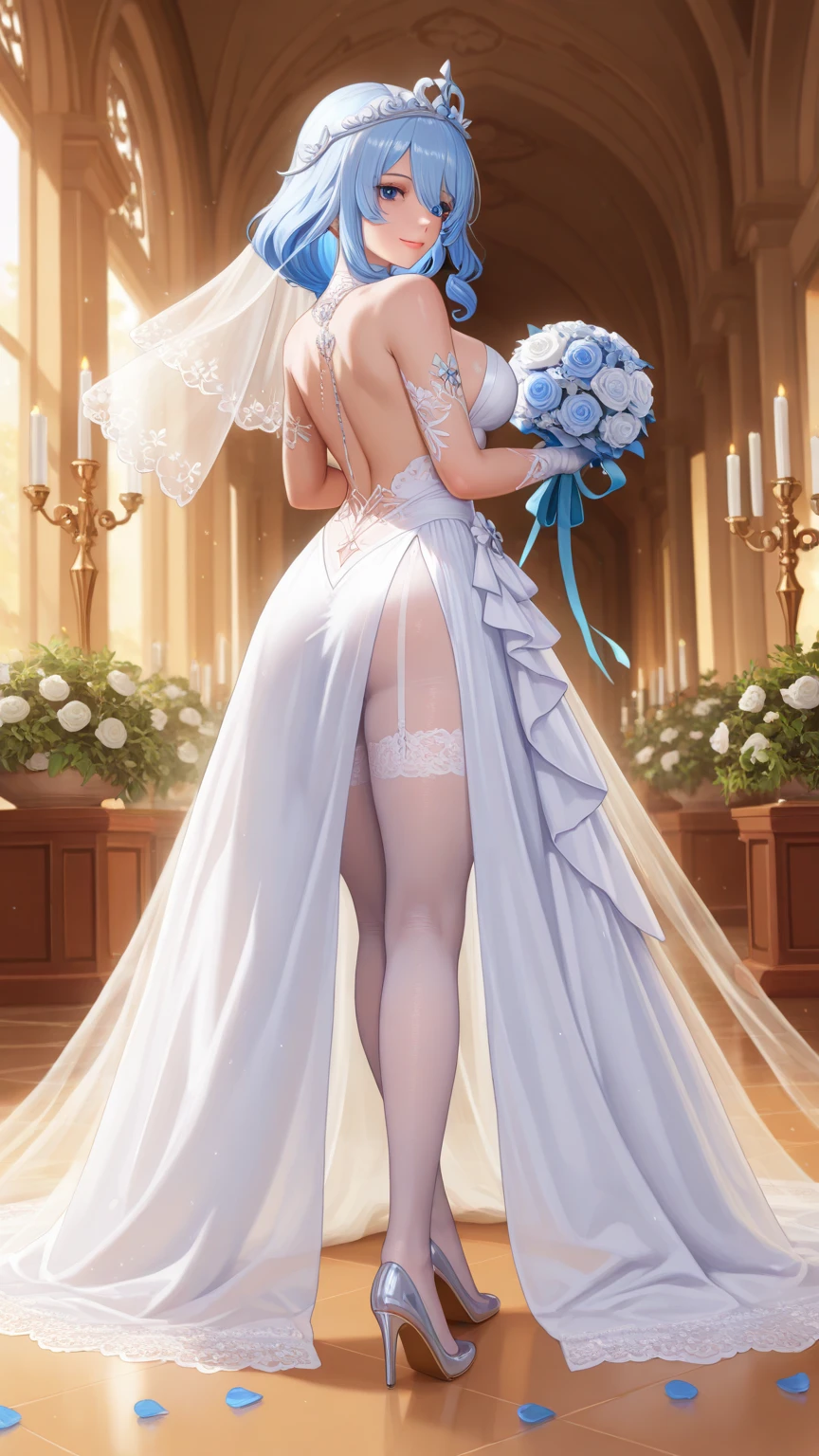 extra detailed face, Perfect Lighting, extremely details CG, 4K、8K、be shy、mournful smile、(Perfect hands, Perfect Anatomy)、Ultra-realistic photo of a girl in a beautiful white wedding dress, Big beautiful dress,all white wedding dress、Silk Veil、White dress with frills(Best Quality, masutepiece, art stations, Fantasy Art:1.2),chies,chapel、Beautiful stained glass、beautiful white bouquet、Beautiful cute girl, Rem of Rezero、(Blue shorthair:1.3), Bangs hide one eye、(intricate short white skirt, Bare legs:1.2, Full body shot)、very Bigger breasts、cleavage of the breast、Nipples show through、、No pubic hair(Clearly visible detailed female pubic shape: 1.4)、skirt rift、Thin leg、Skinny Legs、very very short skirt、low angles、Peeking out the skirt from below