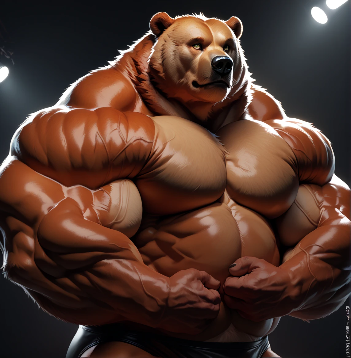 Little macho teddy bear with very big muscles , very huge and very gigantic brown fur with cream and beautiful brown eyes and is wearing a mini thong full body is a bodybuilder and is a toy and has life and speaks.