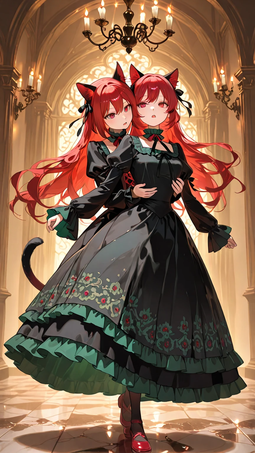 Anime filling,Two-dimensional illustration,Red hair,Half Twin Tail,shorth hair,Big eyes,A smile,a beauty girl,cute little,Super Cute,Black cat ears,Red Eyes,Ruffled Clothes,Black lace clothes,Inner colorGreen,One girl,Full body painting,A masterpiece of 2D art,(masterpiece,Top image quality:1.3),(detaile:1.2),(女の子1人) --auto
