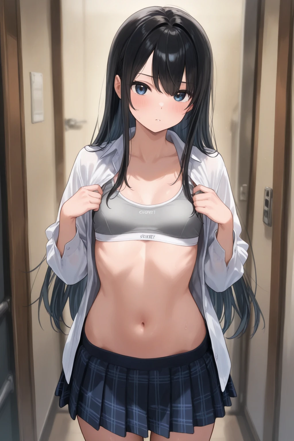 (((masterpiece) (((((Highest quality))))((high resolution))))), Very detailed, Ultra-realistic, )、、locker room、Open shirt、White Bra、White panties、Black Hair、、、Change of clothes、((Expressionless))、From above.stand、Look away、((Look down))、、Long Hair、Change of clothes中、Look Down