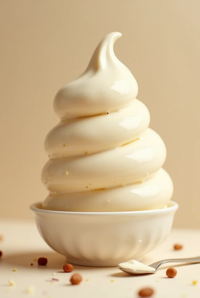A scoop of ice cream in a small white container with the ice cream in the shape of a ball 