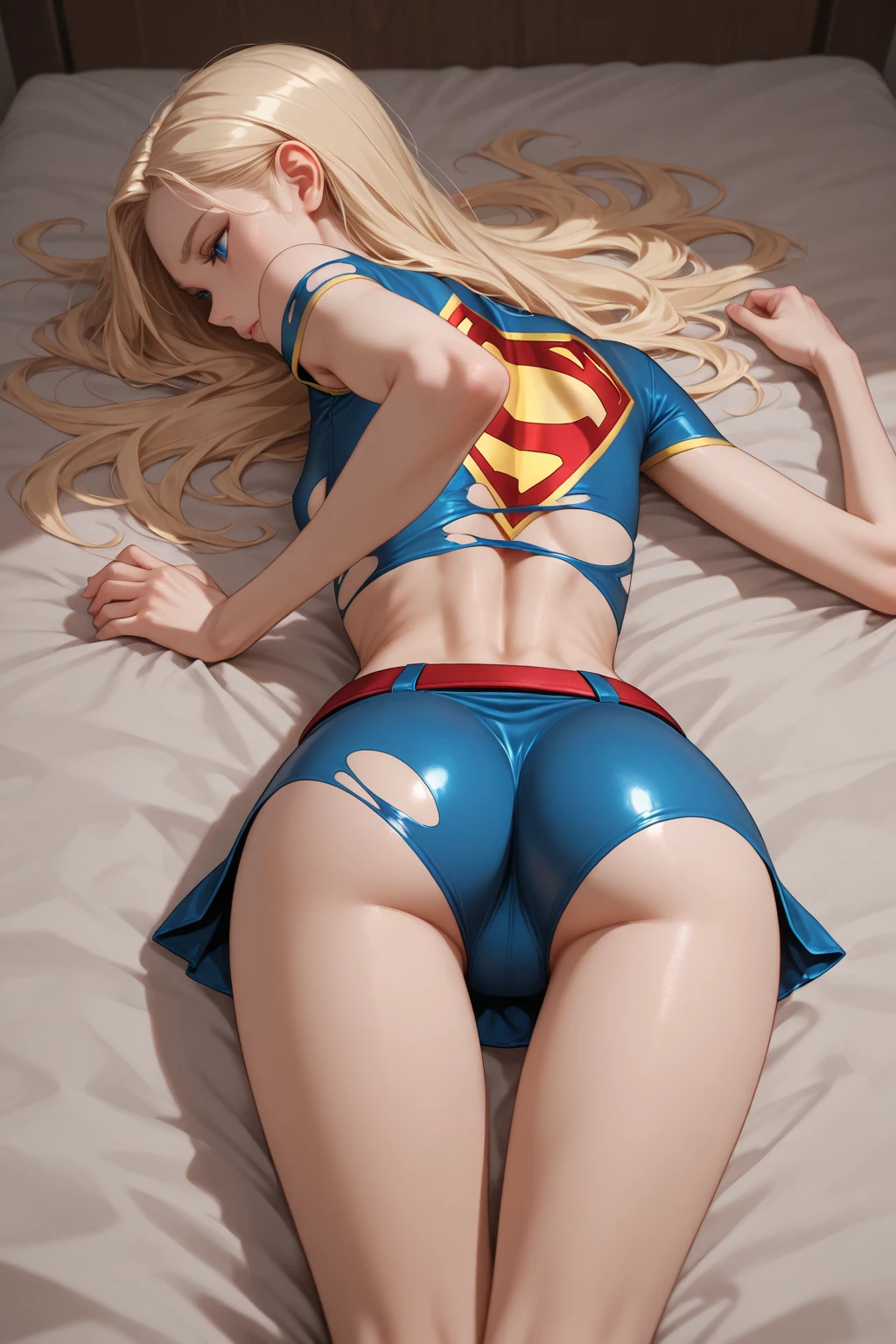 create a white, western, blonde haired, 21 years old, white, with long blonde hair, blue eyes with realistic igamem raw 8k, in the car at night, insinuating herself into the lens, white panties with superman letter S, volume in the panties, bulge in the panties, effeminate boy, transexy, short skirt, pleasure, wet, honeydew, superman symbol S in the background. --auto --s2